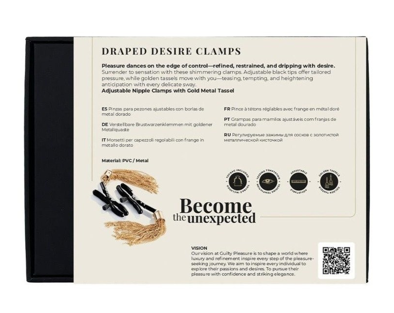 Product packaging for 'Draped Desire Clamps' with text and images on a white background