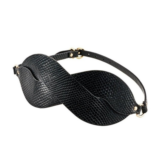 Black eye mask with a strap on a white background