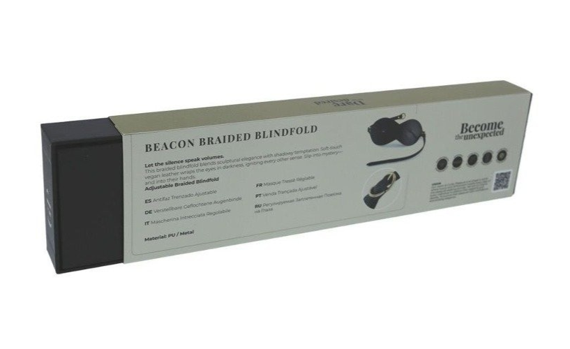 Box packaging of a beacon braided blindfold with product image and text on a white background