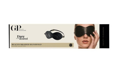 Black braided blindfold with packaging and model wearing it on a white background