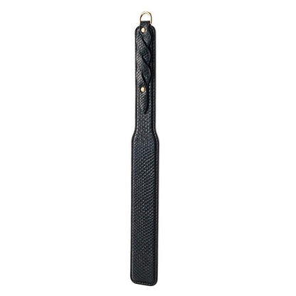 Black vegan leather paddle with textured handle on a white background