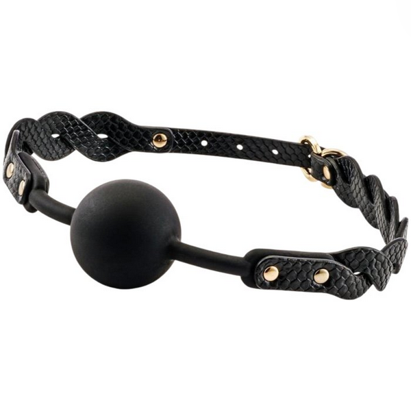 Black vegan leather ball gag with braided design on a white background