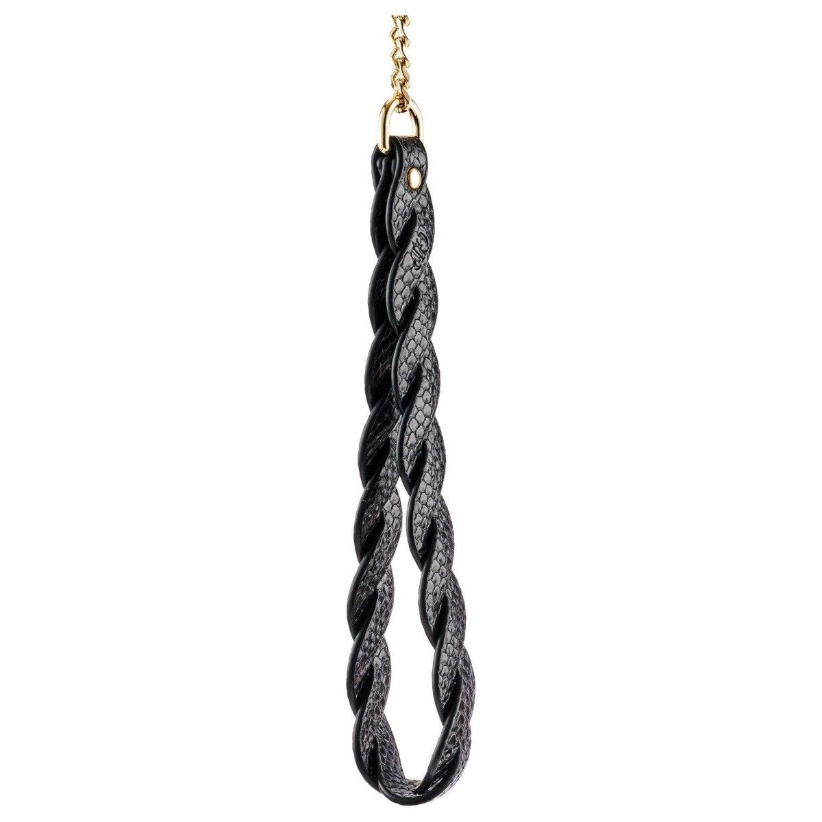 Black braided leather leash with gold clasp on a white background