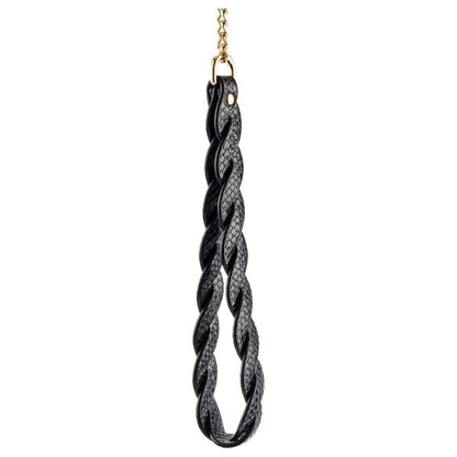 Black braided leather leash with gold clasp on a white background