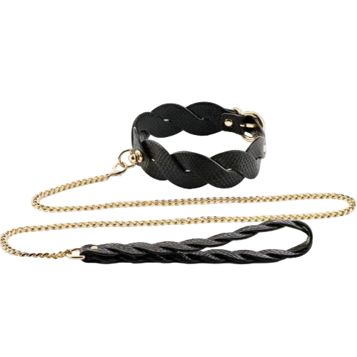 Black leather leash with braided design and gold chain on a white background