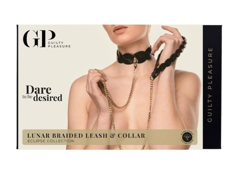 Product packaging for 'Lunar Braided Leash & Collar' from Guilty Pleasure with a model wearing the product.