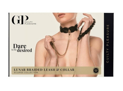 Product packaging for 'Lunar Braided Leash & Collar' from Guilty Pleasure with a model wearing the product.