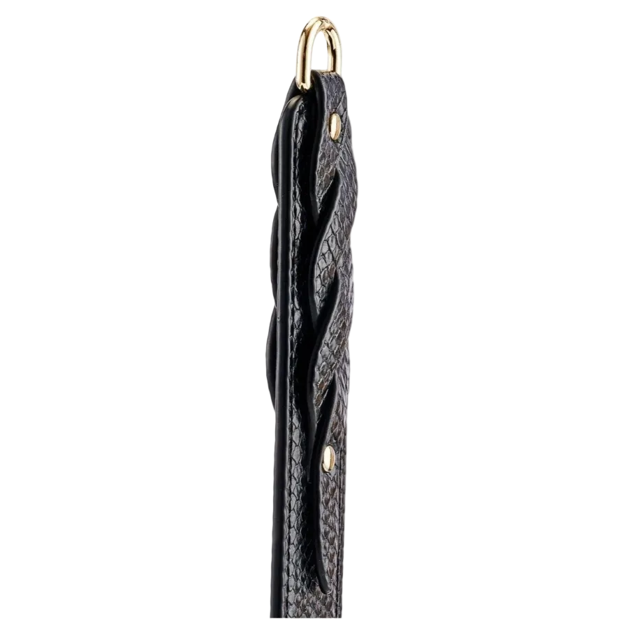 Black textured strap with gold hardware on a white background