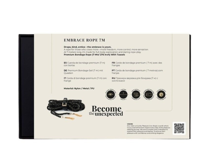 Product packaging for 'Embrace Rope 7M' with branding and specifications on a white background.