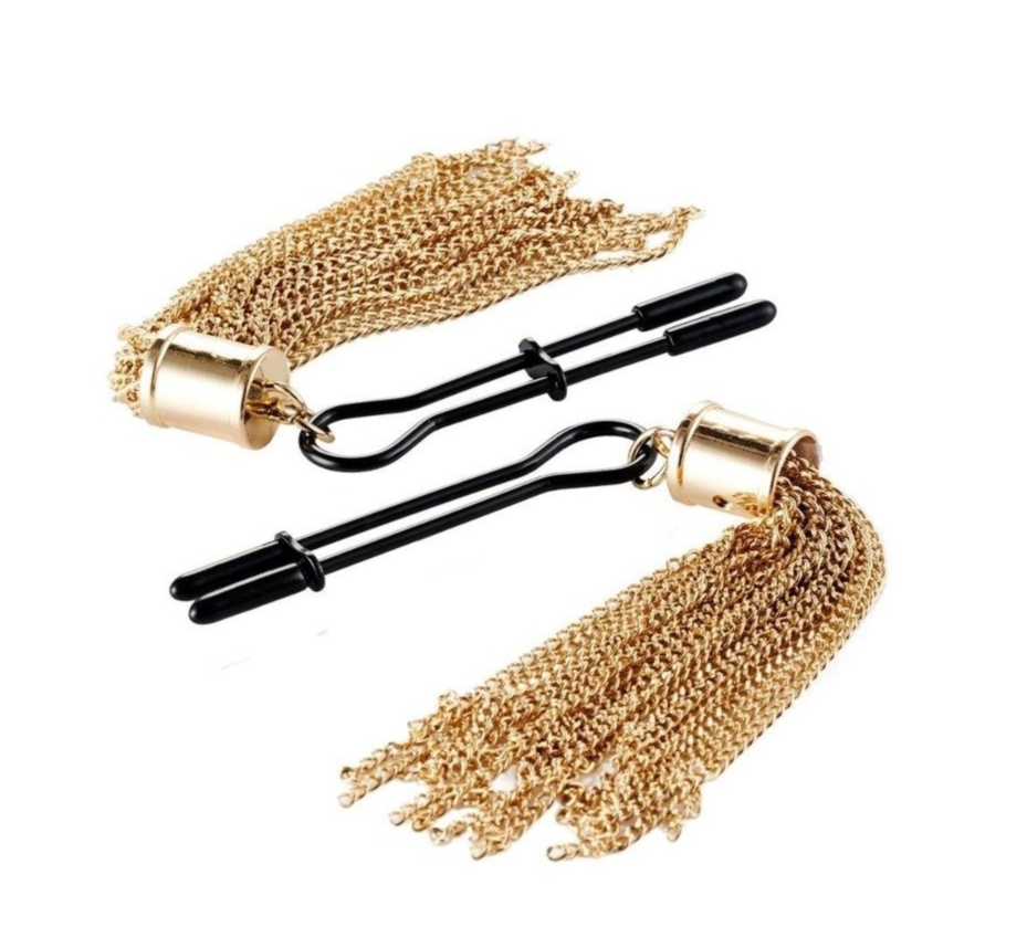 Guilty Pleasure Tassel Tease Nipple Clamps Black Gold BDSM Bondage Fetish Kink