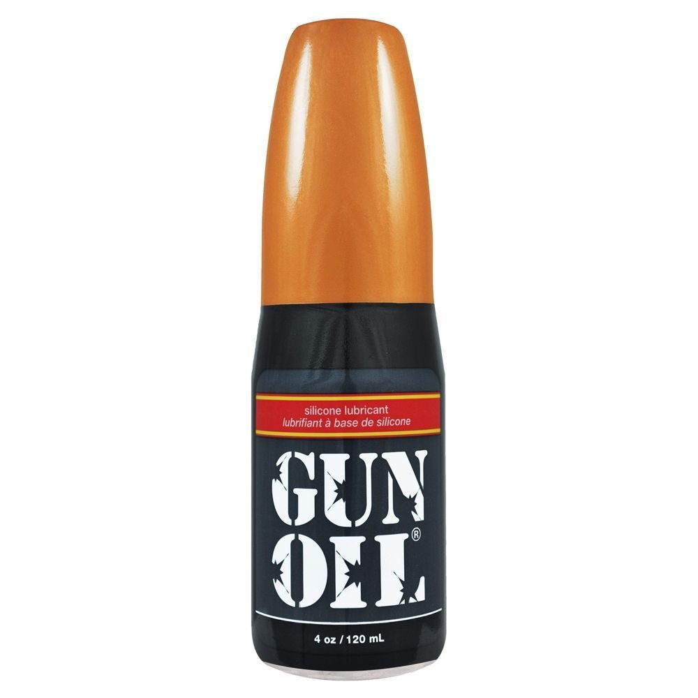 Bottle of Gun Oil silicone lubricant on a white background