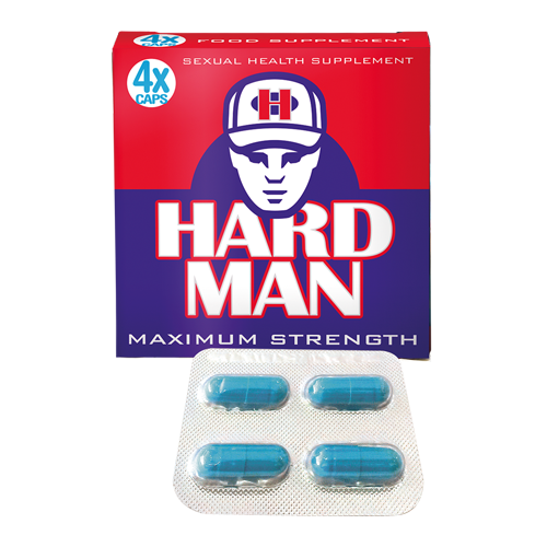 Box of HARD MAN sexual health supplement with blue capsules on a white background