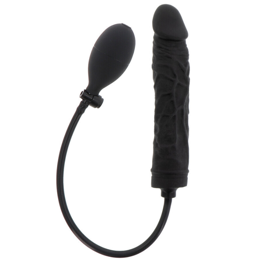 Black silicone inflatable dildo with flexible tube on a white background