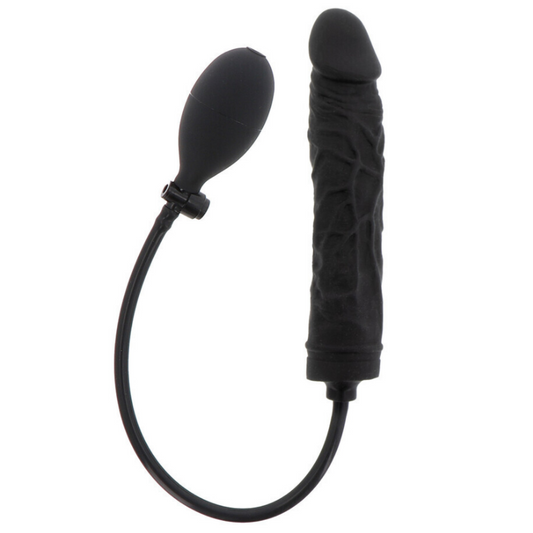 Black silicone inflatable dildo with flexible tube on a white background