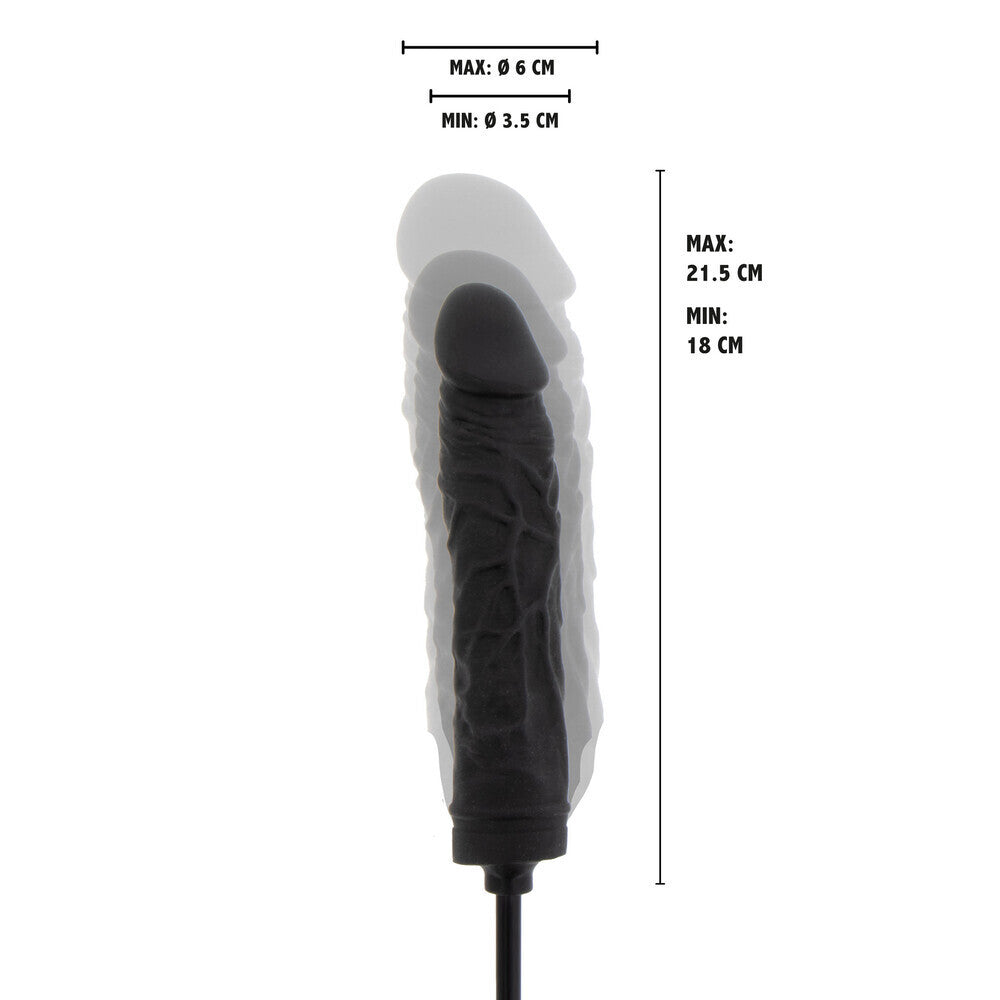 Measurement chart of an inflatable dildo with dimensions on a white background
