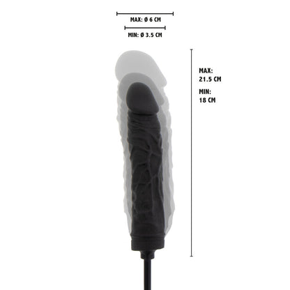 Measurement chart of an inflatable dildo with dimensions on a white background