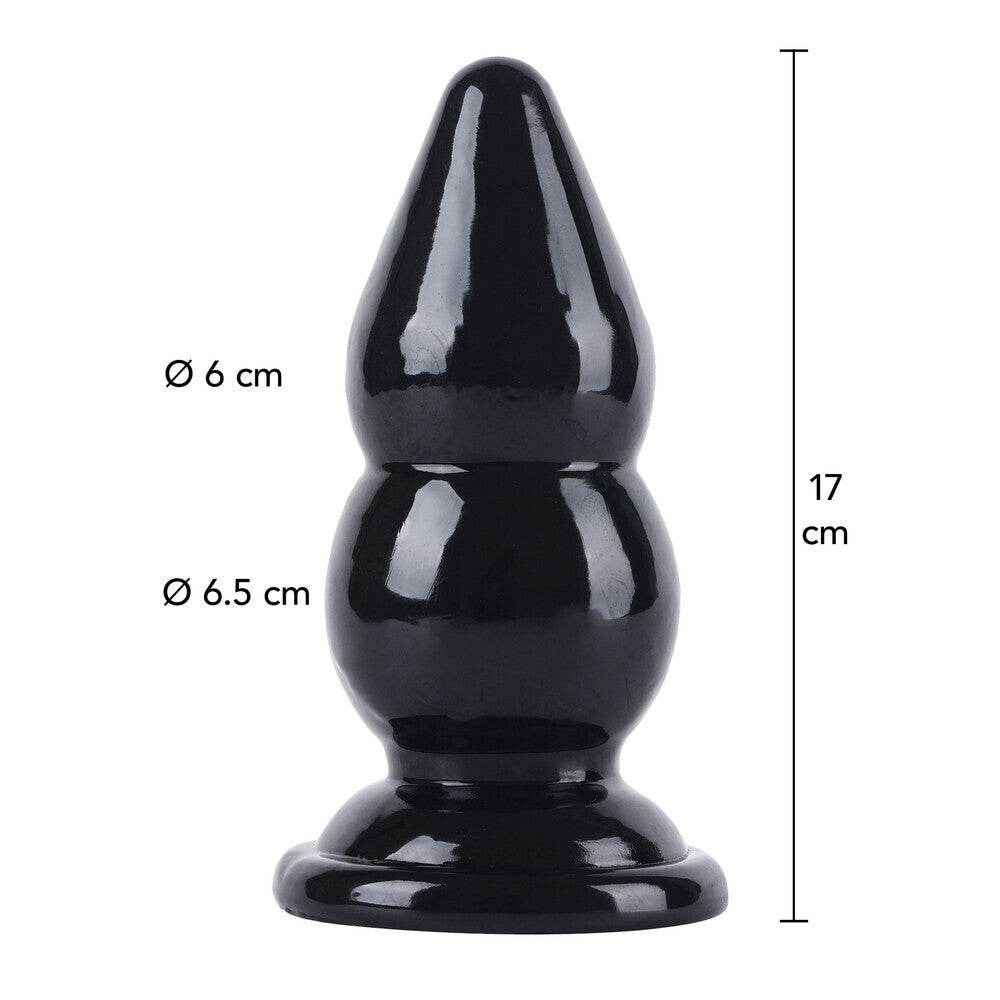 Black butt plug with measurements on a white background