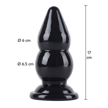 Black butt plug with measurements on a white background