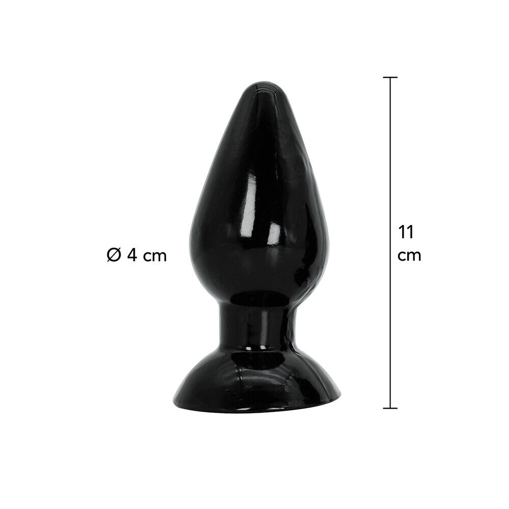 Black anal plug with measurements on a white background