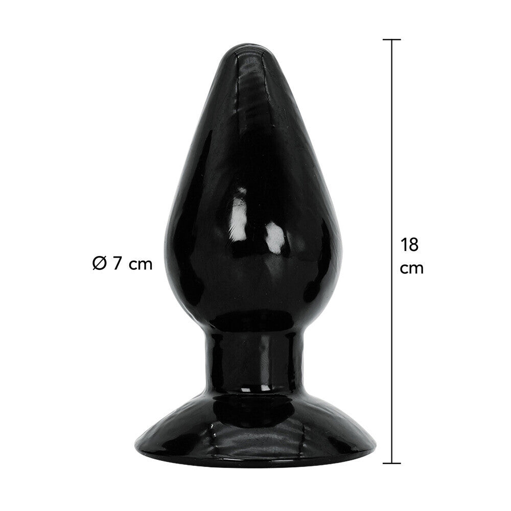 Black anal plug with measurements on a white background