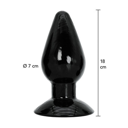 Black anal plug with measurements on a white background