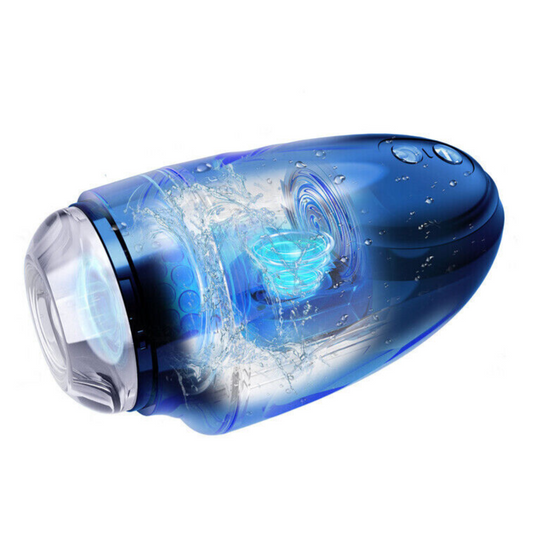 Blue handheld masturbator with water simulation on a white background