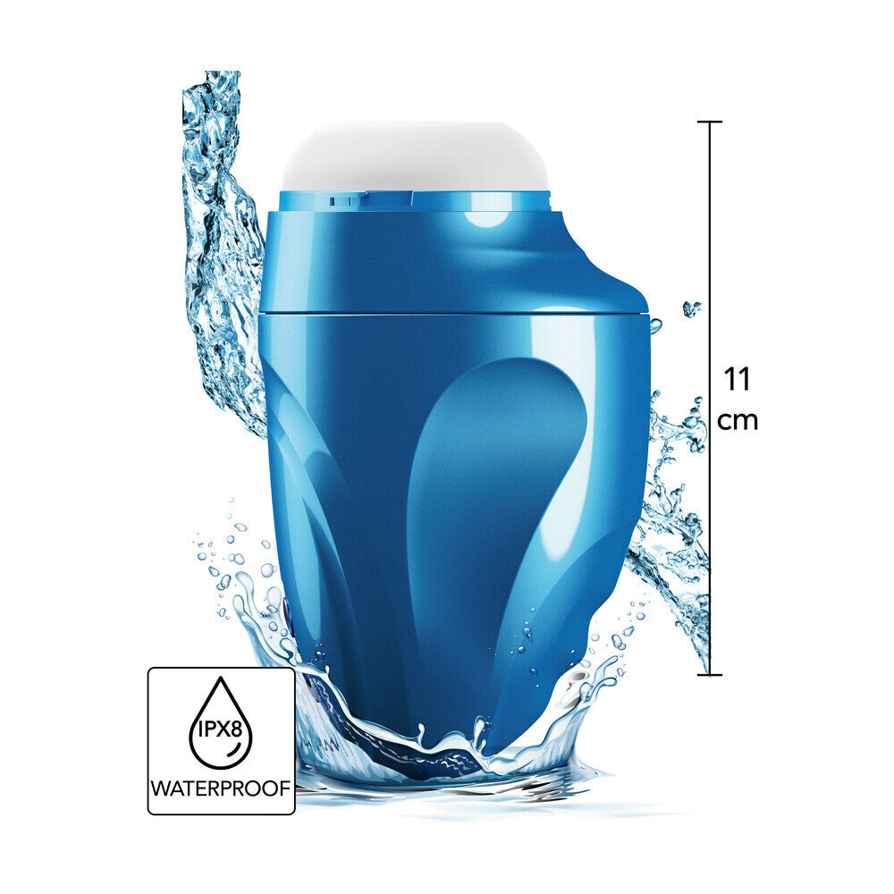 Blue waterproof device with water splashes and measurement details on a white background