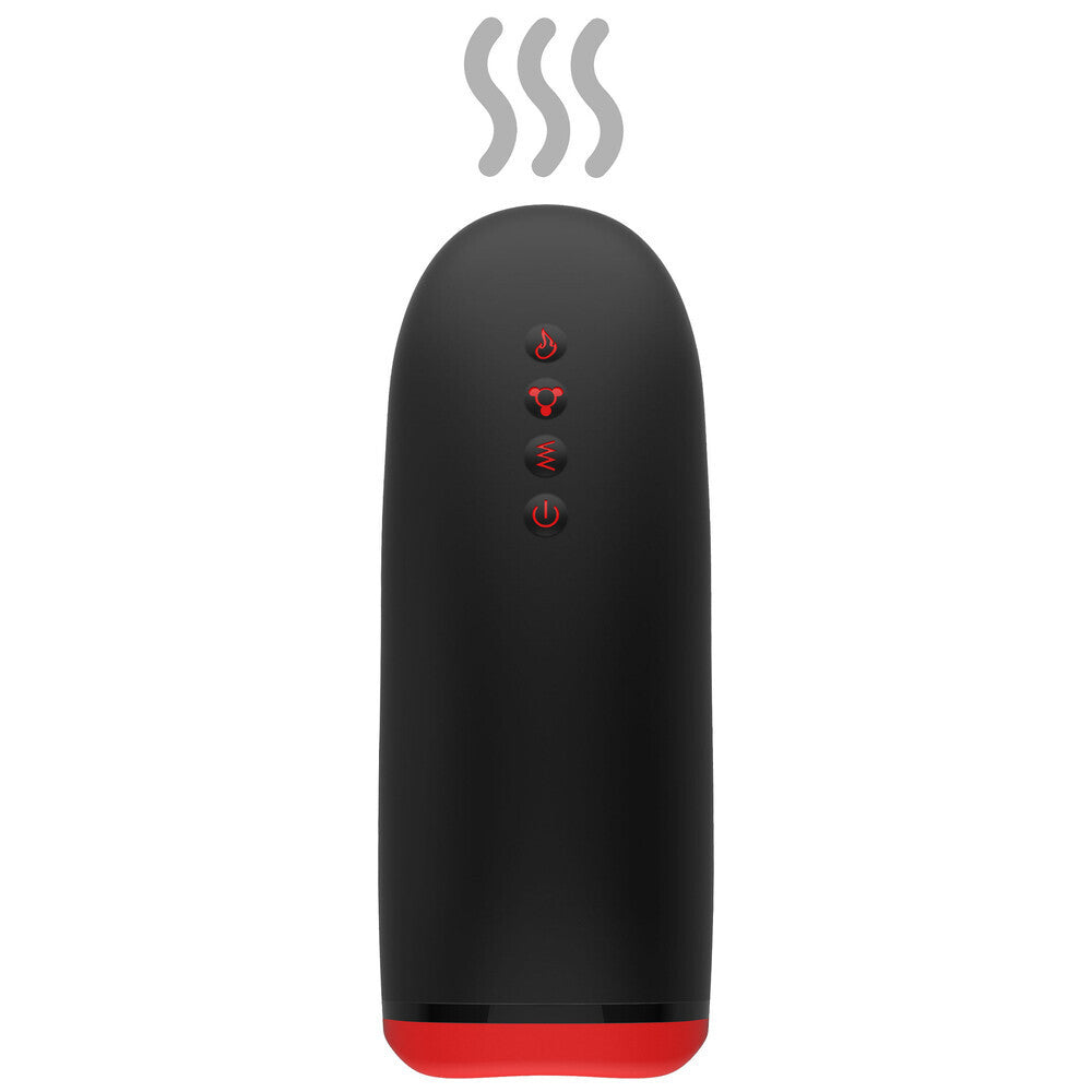 Black and red electronic device with steam icon on a white background