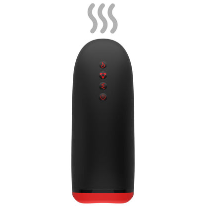 Black and red electronic device with steam icon on a white background
