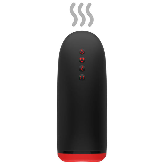 Black and red electronic device with steam icon on a white background