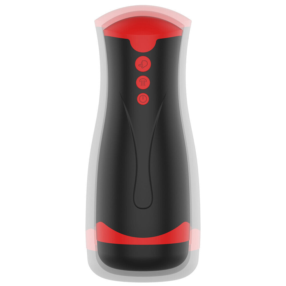 Black and red electronic device with buttons on a white background