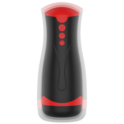 Black and red electronic device with buttons on a white background