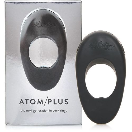 Black cock ring with packaging labeled 'ATOM/PLUS' on a white background