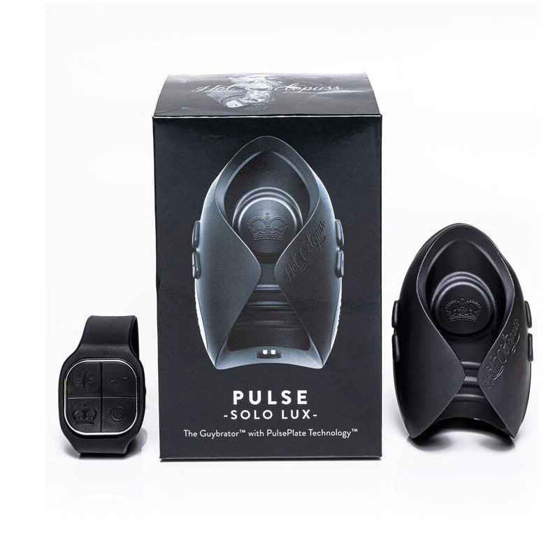 Black 'Pulse Solo Lux' device with packaging on a white background