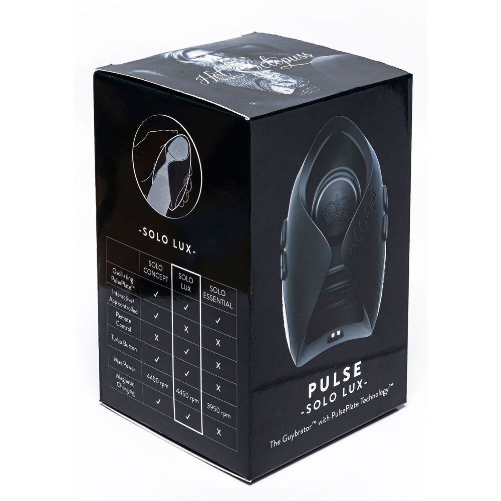 Black packaging box for Solo Lux Pulse with product details on a white background