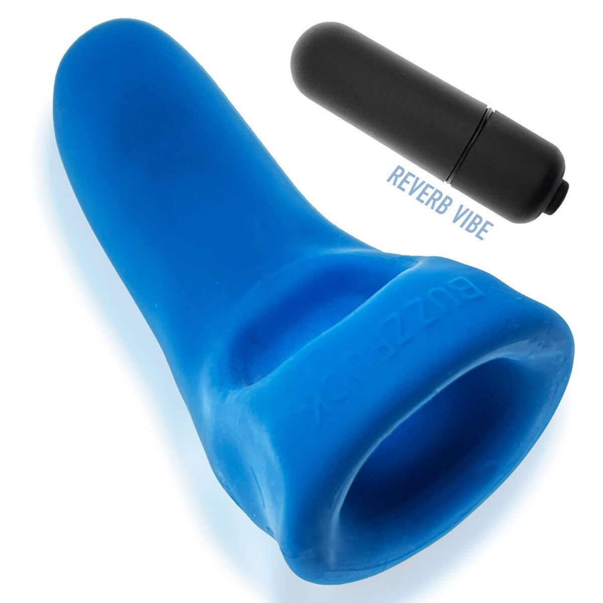 Blue silicone vibe with black control handle on a white background