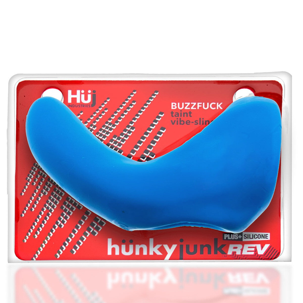 Blue silicone product on a red and white packaging with 'hunkyjunk REV' branding.