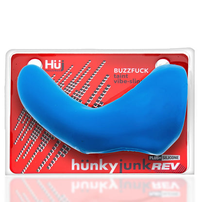 Blue silicone product on a red and white packaging with 'hunkyjunk REV' branding.
