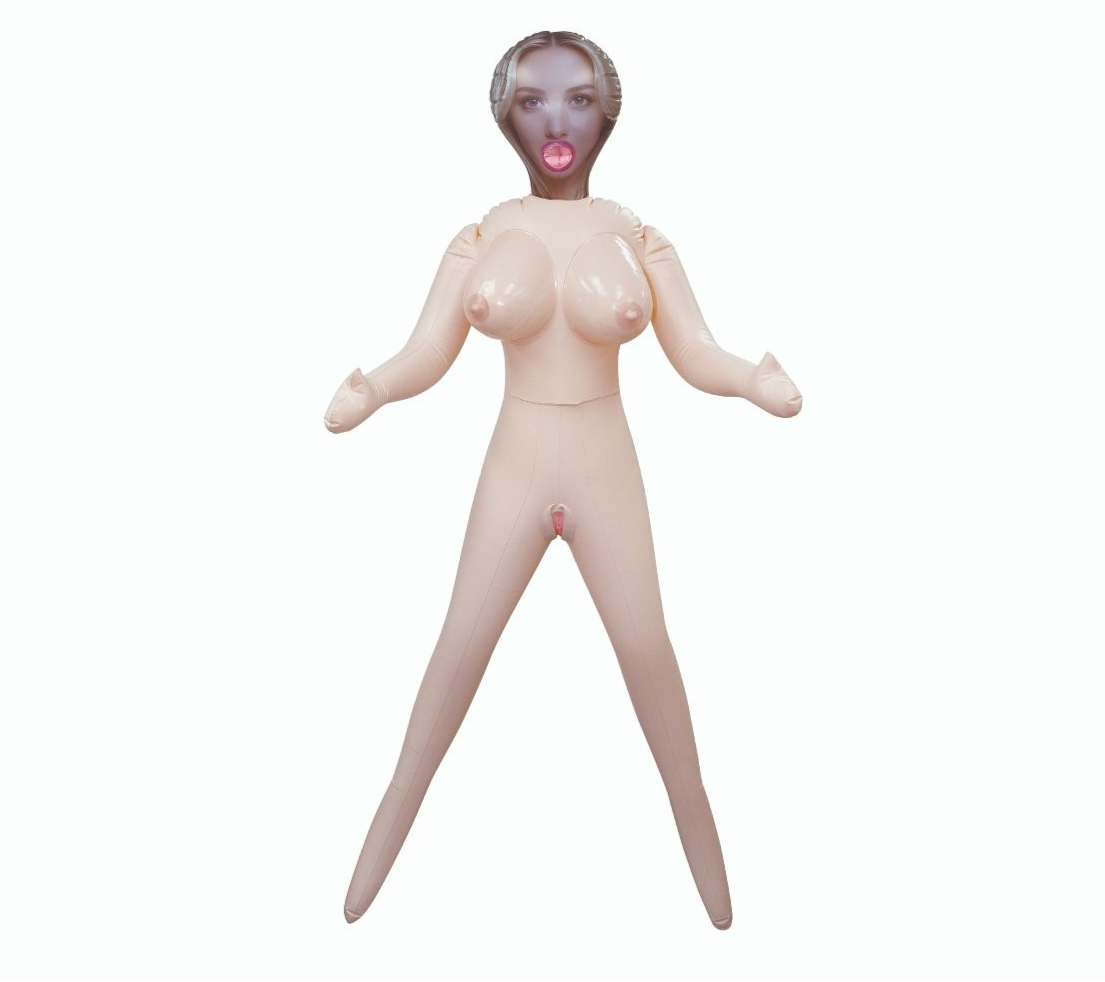 Sex doll with a realistic face on a white background