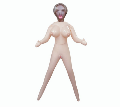 Sex doll with a realistic face on a white background
