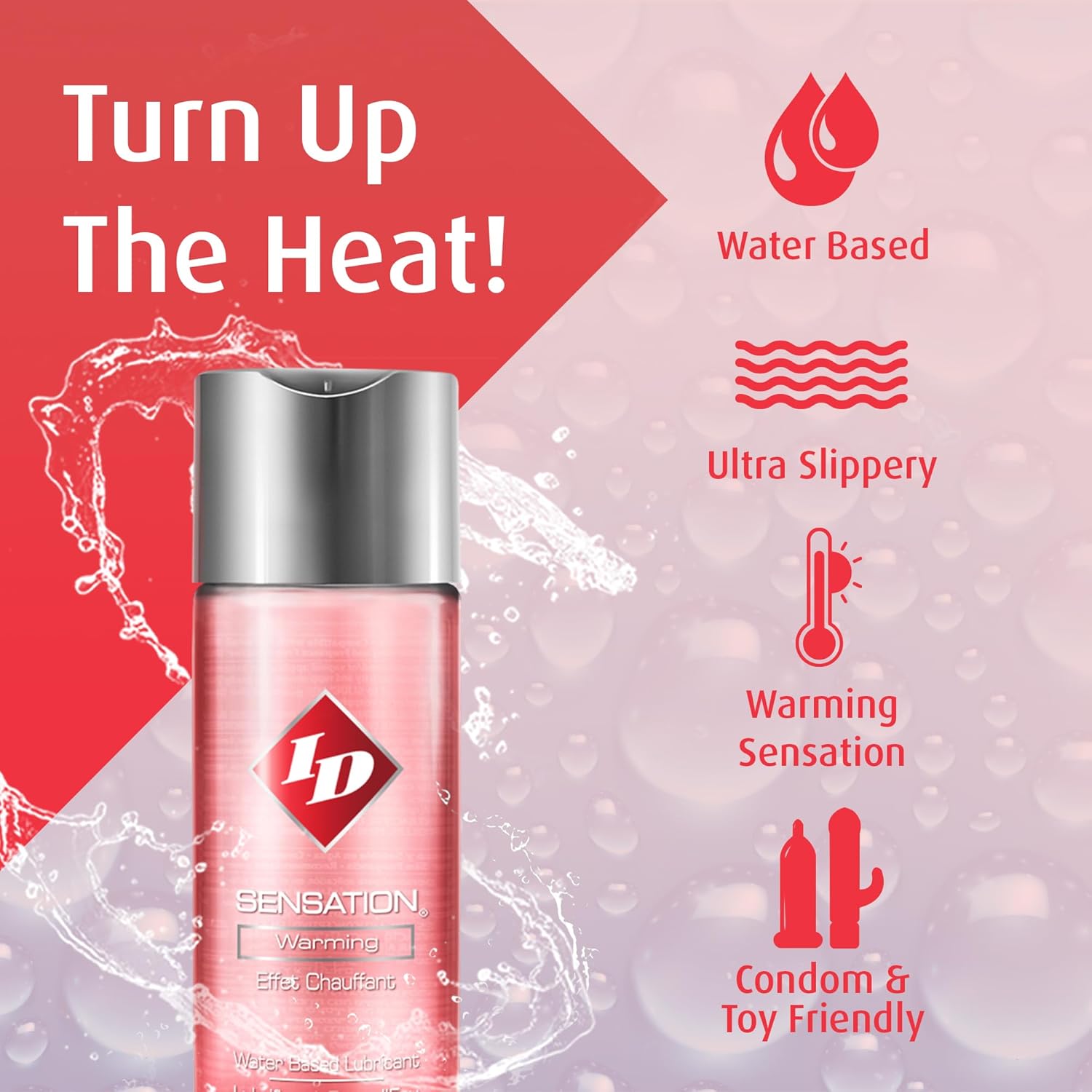 ID Sensation warming lubricant bottle with product features on a pink and red background