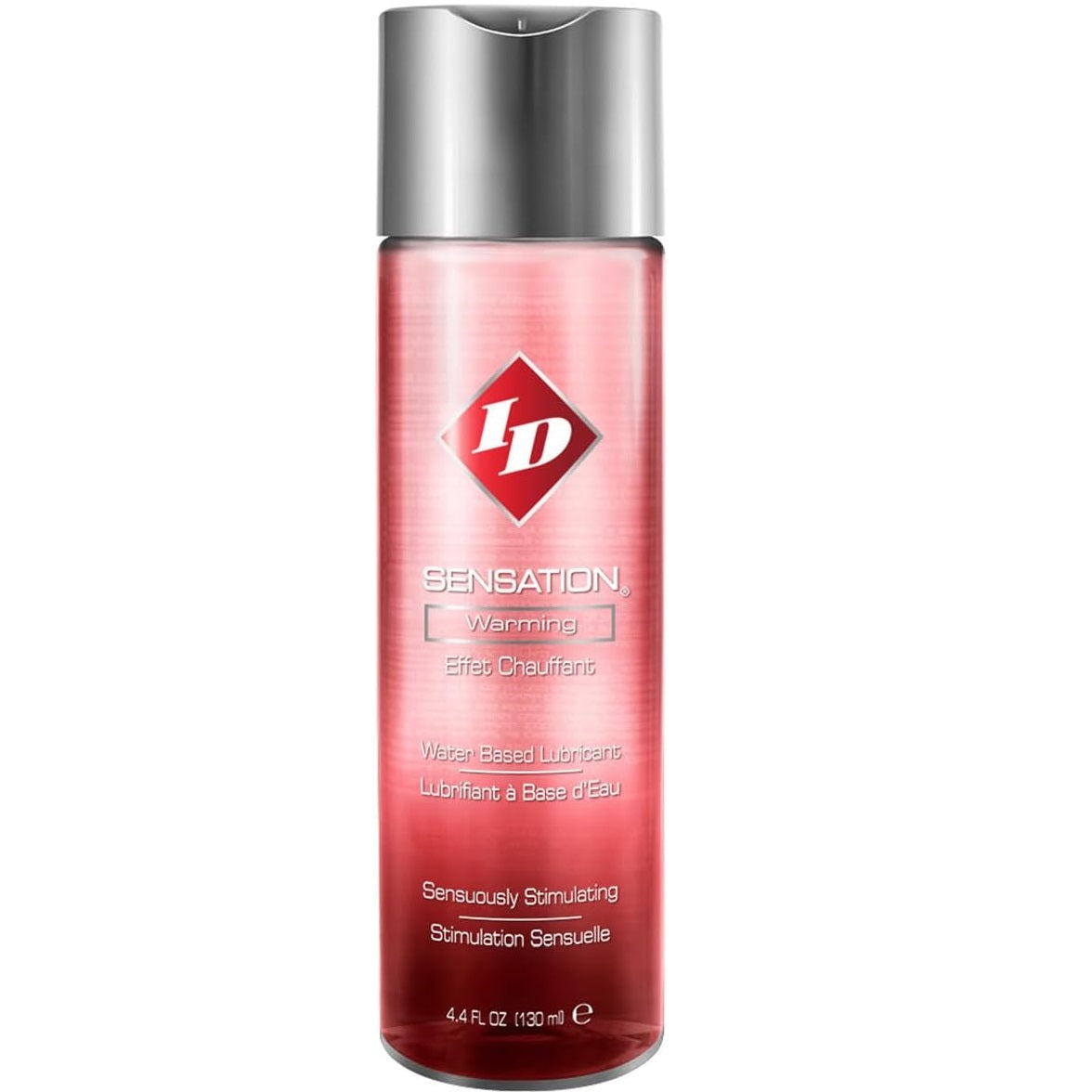 Red lubricant bottle with silver cap on a white background
