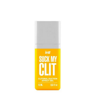 Yellow and white container of 'Suck My Clit' gel on a white background