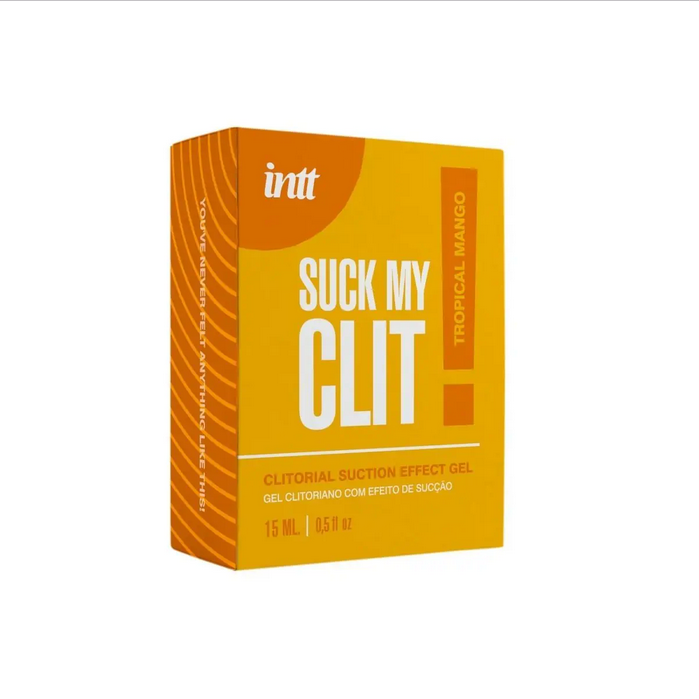 Box of 'Suck My Clit' clitoral suction effect gel with 'intt' branding on a white background