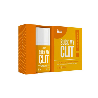 Orange packaging of 'Suck My Clit' product with white text on a white background