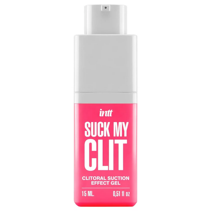 Pink and white bottle of Clitoral Suction Effect Gel with text on a white background