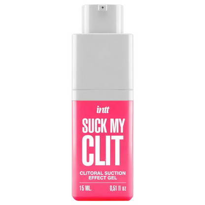 Pink and white bottle of Clitoral Suction Effect Gel with text on a white background