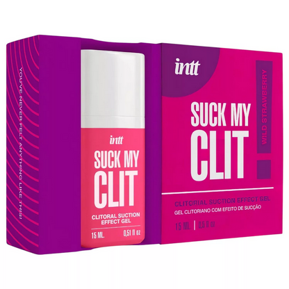 Product packaging of 'Suck My Clit' gel with a purple and pink design.