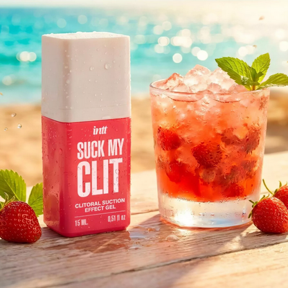 Product packaging labeled 'Suck My Clit' with a glass of strawberry cocktail on a beach setting.