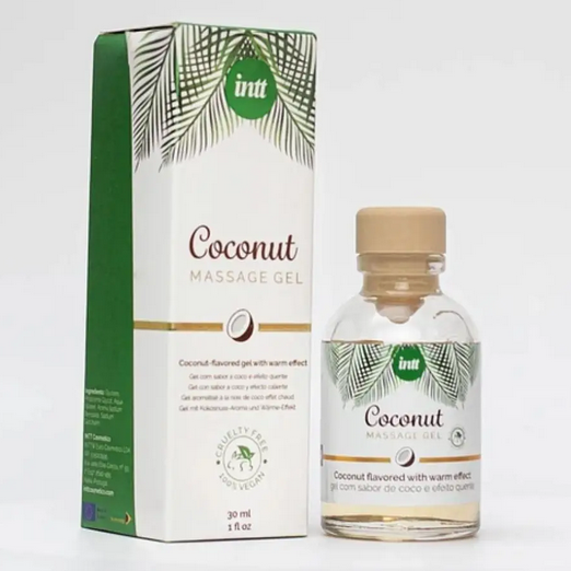 Coconut massage gel bottle and packaging on a white background